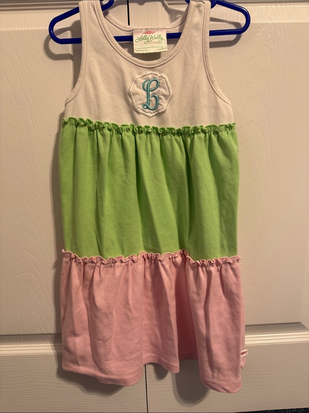 Lolly Wolly Doodle White, Green & Pink Tiered Monogram L Dress